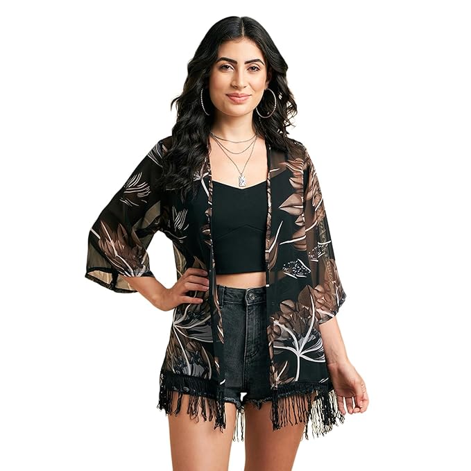 Women Floral Printed Georgette Shrug Lapelcollared