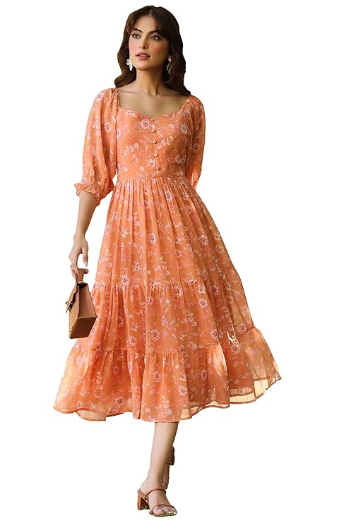 Women's Orange Georgette Floral Printed Tiered Dress