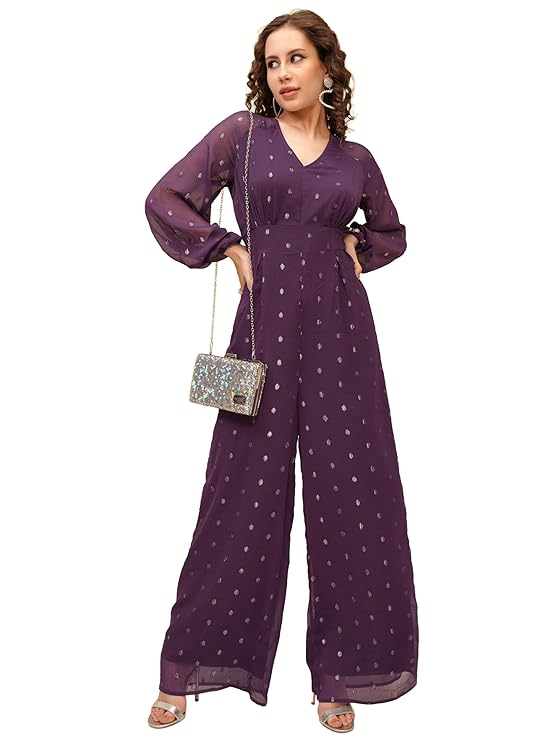 Women's Long Sleeves V-Neck Self Design Jumpsuit |Stylish | Casual